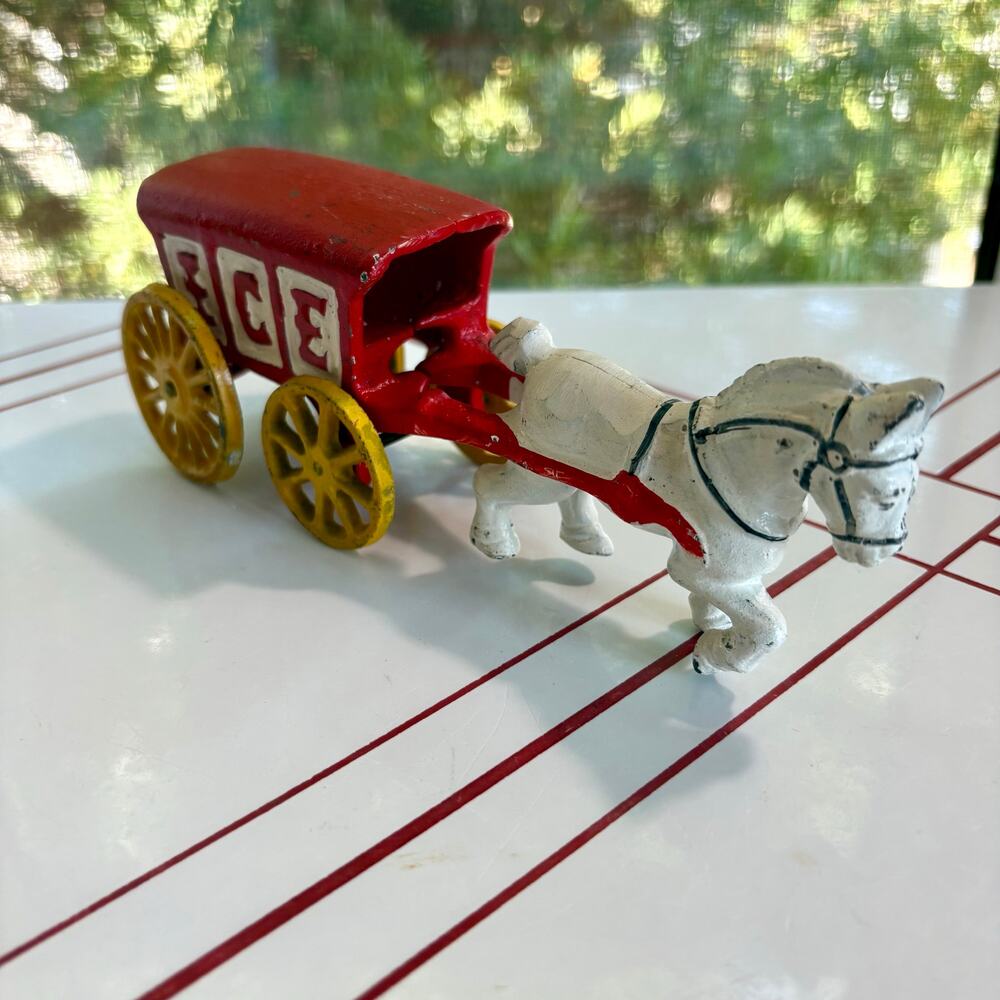Vintage Cast Iron Horse Drawn Circus Wagon Toy Red Yellow Cart